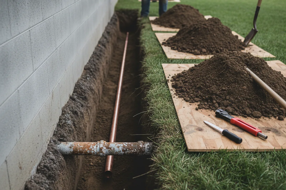 Excavated water line trench during Water Softener Installation in Mill Spring
